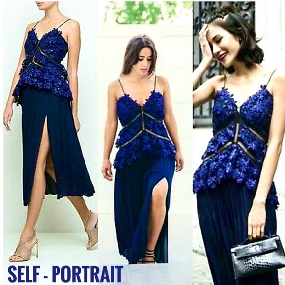 Sexy Blue Lace Bodice Side Split Midi Dress - Picture 3 of 17